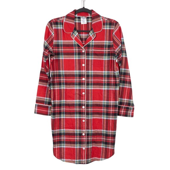 Lands End Plaid Button Up Nightshirt XS 2 4 Womens Petite Red Cotton Long Sleeve - Picture 1 of 6